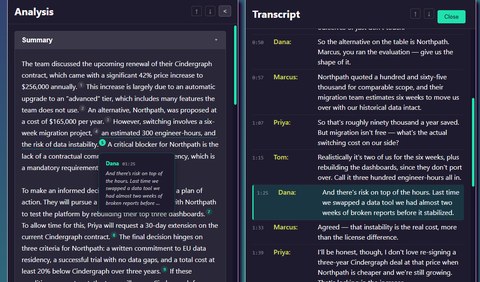 Aurora's cited transcript view: a summary claim linked by citation to its highlighted source line in the meeting transcript